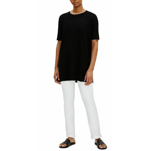 Eileen Fisher Tunic Top Black Ribbed Stretchy Short-Sleeve Medium‎ NEW - Picture 1 of 9